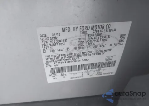 2013 Ford Explorer из США, поврежденный, VIN 1FM5K7B89DGB18603